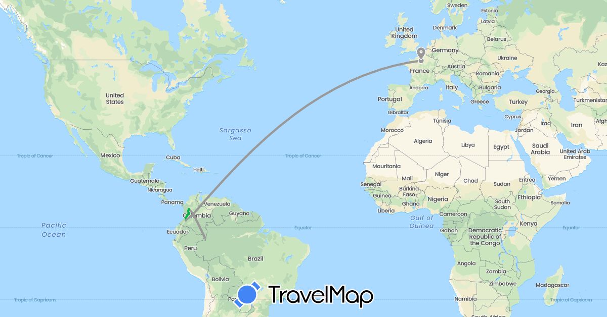 TravelMap itinerary: driving, bus, plane in Colombia, France (Europe, South America)